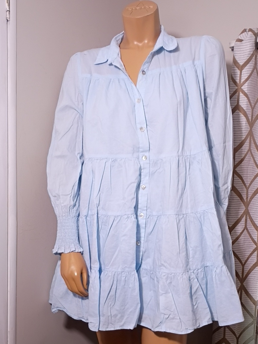 Pinch Light Blue Tiered Button-Up Mini Dress